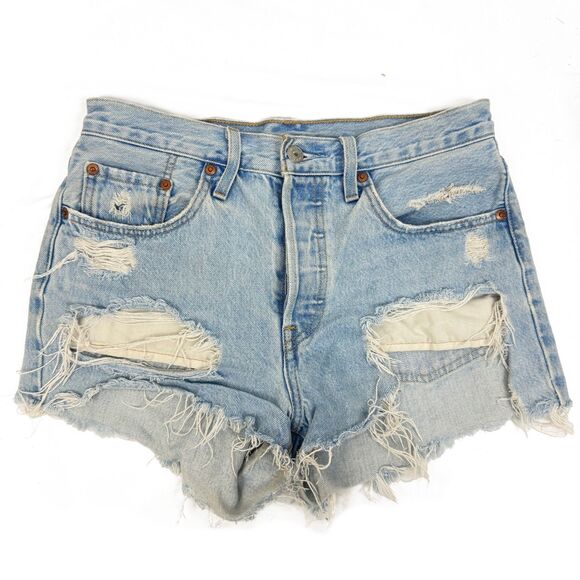 LEVIS Premium 501 Distressed Ripped Denim Shorts 27 Light Blue Button Fly B8 - Picture 1 of 7